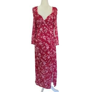 New House of Harlow Red Pink Floral Ruched Front Slit Midi Dress Medium